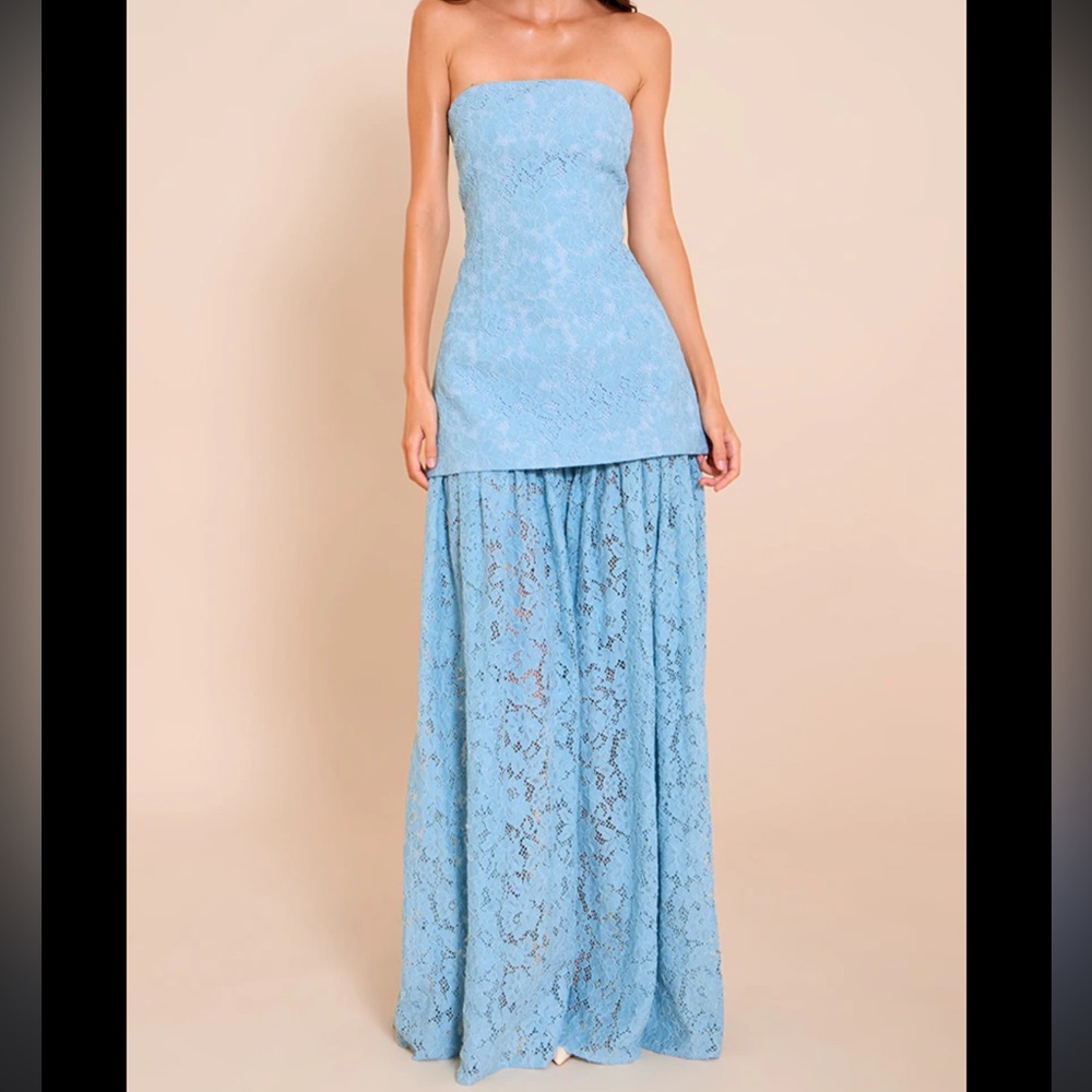 Strapless Light Blue Lace Maxi Dress